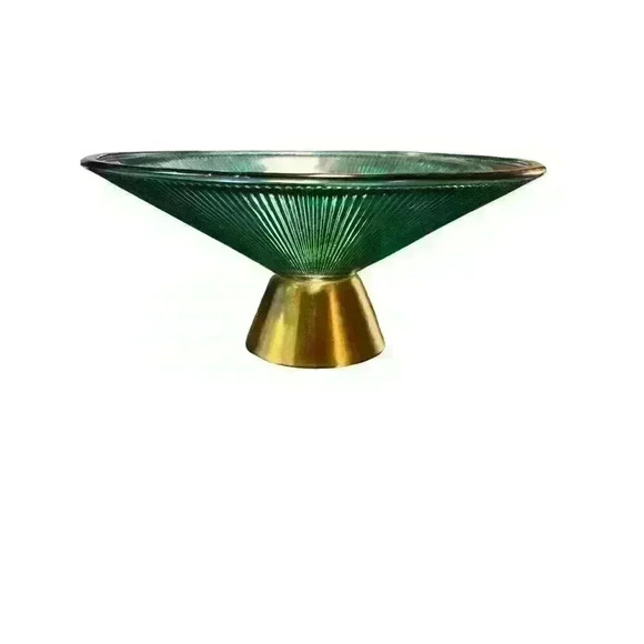 Teal Glass Fruit Bowl Gold Base Tall Candy Fruit Tray 10" Diameter 4.5" Tall - Picture 3 of 7